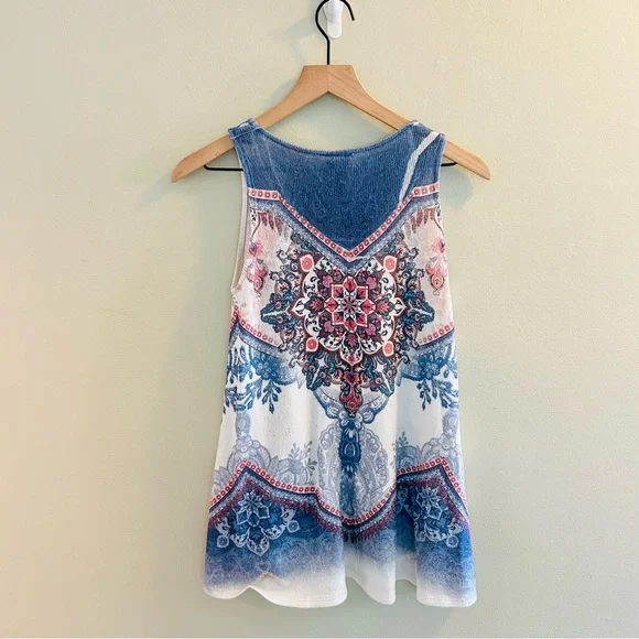 Blu Pepper Boho Tank Top Size Small Paisley Knit Tunic Blue White Red USA Indie - Picture 5 of 6